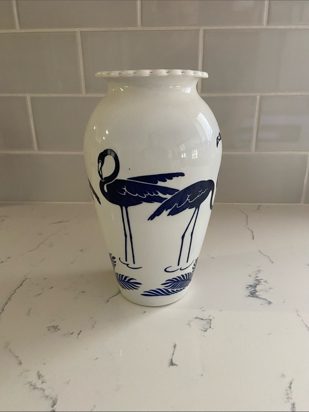 Vintage Blue White Milk Glass Flamingo Vase 9"